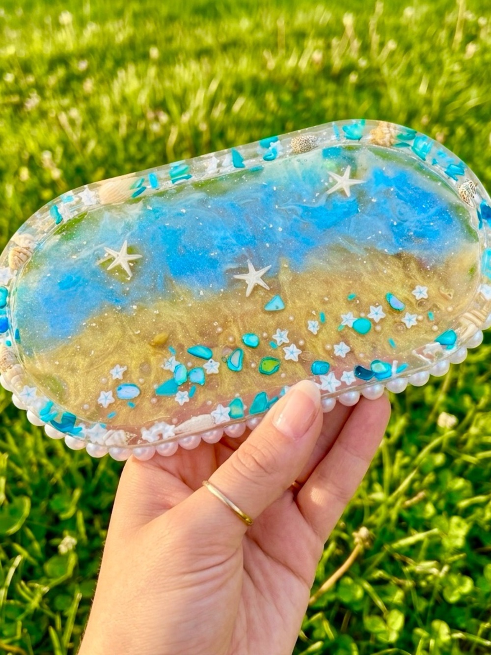 Handmade Ocean Beach Resin Trinket Tray with Turquoise Accents
